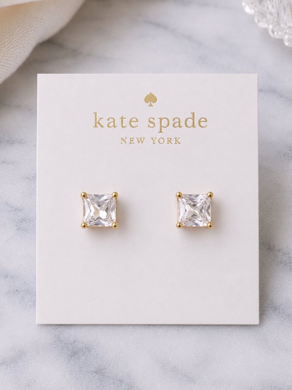 Kate Spade 18K Gold Princess Cut Crystal Stud Earrings
